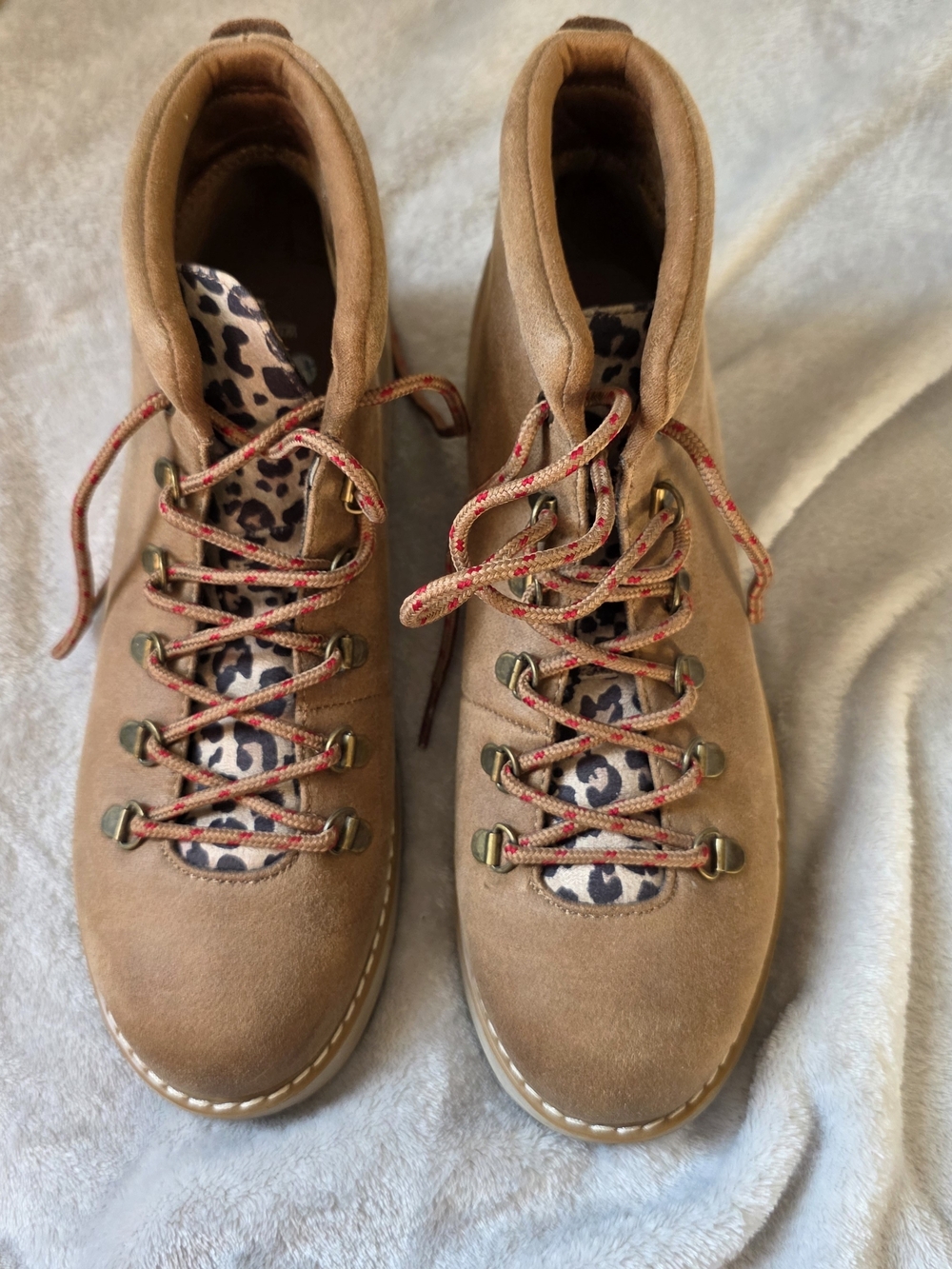 BOBS from Skechers Tan Suede Lace-Up Boots with Leopard Tongue